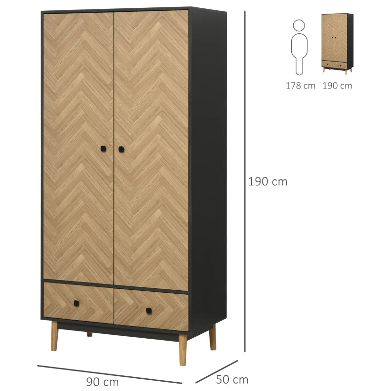 Modern Wood Grain Wardrobe Cabinet with Shelf, Hanging Rod, and Drawers - 90x50x190cm (Color: Oak)