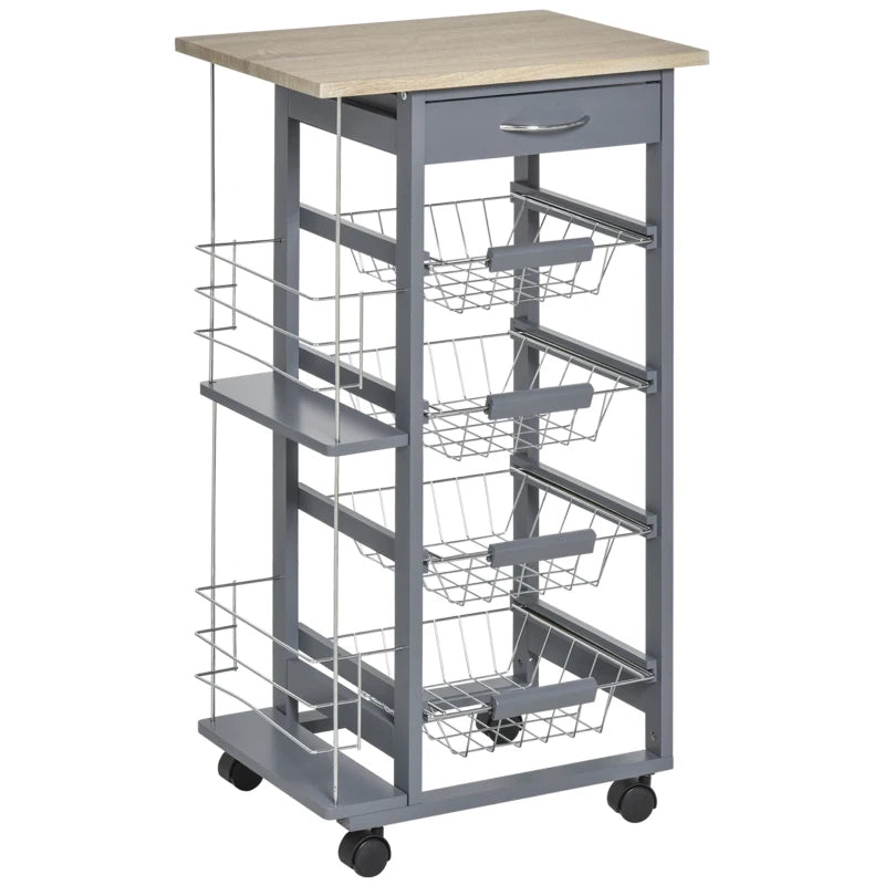 Grey Rolling Kitchen Cart with 4 Basket Drawers & Side Racks