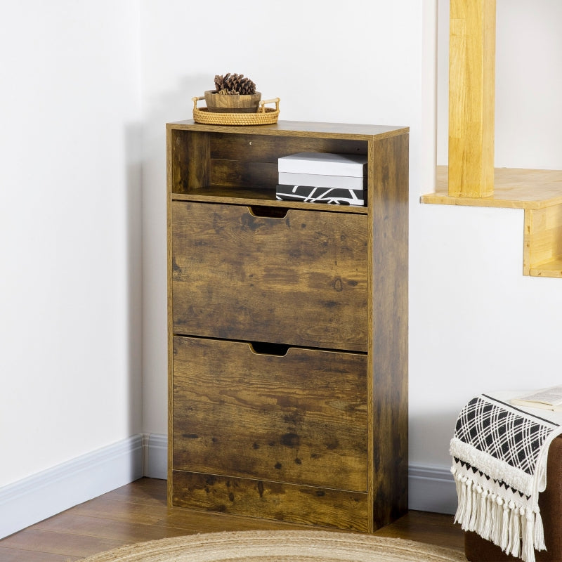 Rustic Brown Shoe Cabinet with Flip Doors and Drawers