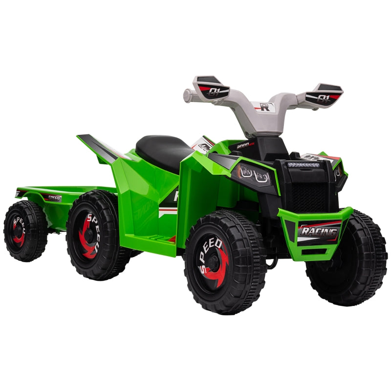 Green 6V Quad Bike with Back Trailer for Toddlers, Wear-Resistant Wheels