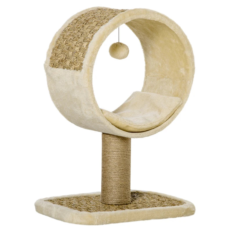 Beige Cat Tree with Scratching Post, Tunnel, Ball Toy - 56cm