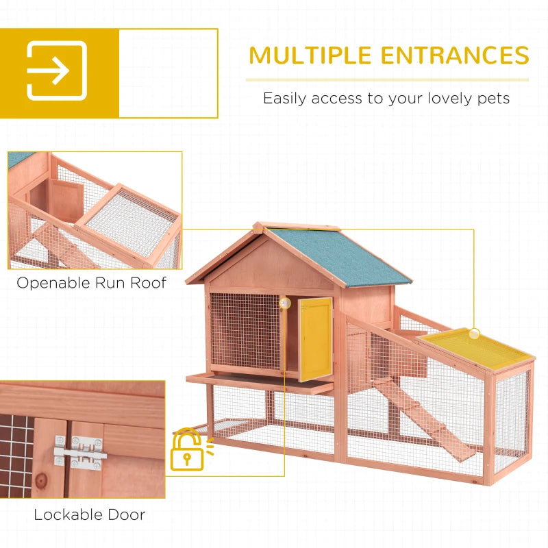 Wooden Outdoor Rabbit Hutch with Ramp and Sliding Tray - Brown - 144 x 64.5 x 100 cm