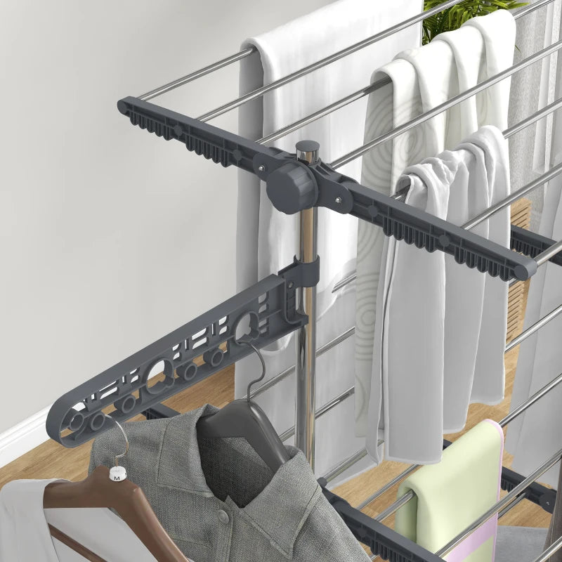 Grey 3-Tier Folding Clothes Drying Rack with Side Arms and Wheels