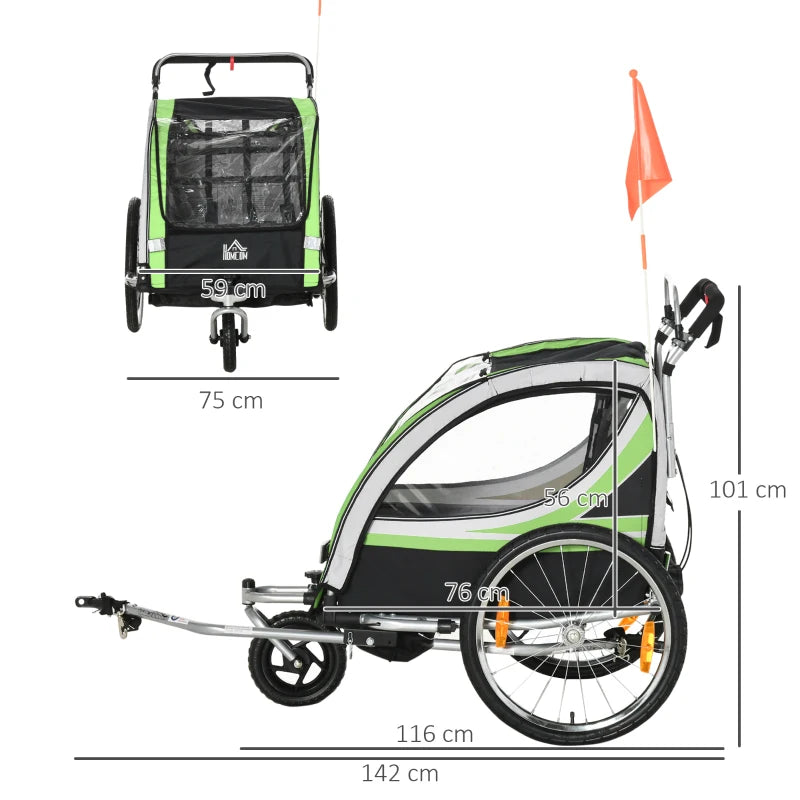 Green 2-Seater Child Bike Trailer & Stroller Combo with Safety Features