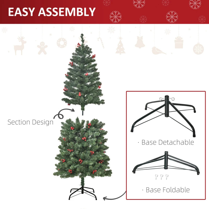 5FT Pre-lit Green Pencil Christmas Tree with Warm White LED Lights and Red Berries