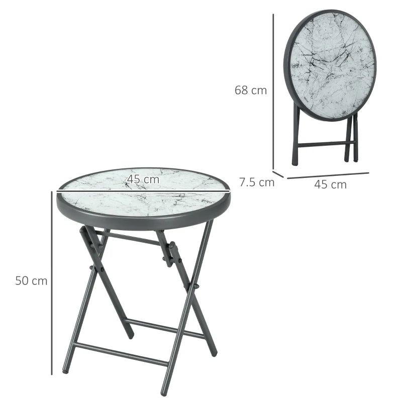 White Round Outdoor Folding Patio Table with Imitation Marble Glass Top