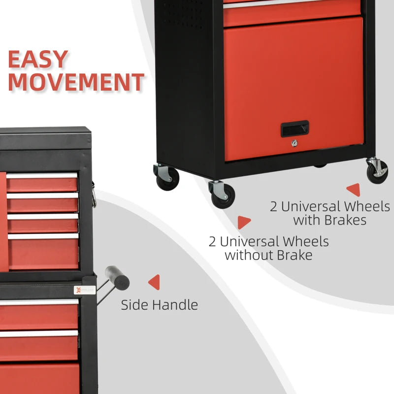 6-Drawer Black and Red Tool Cart with Wheels and Lockable Cabinet