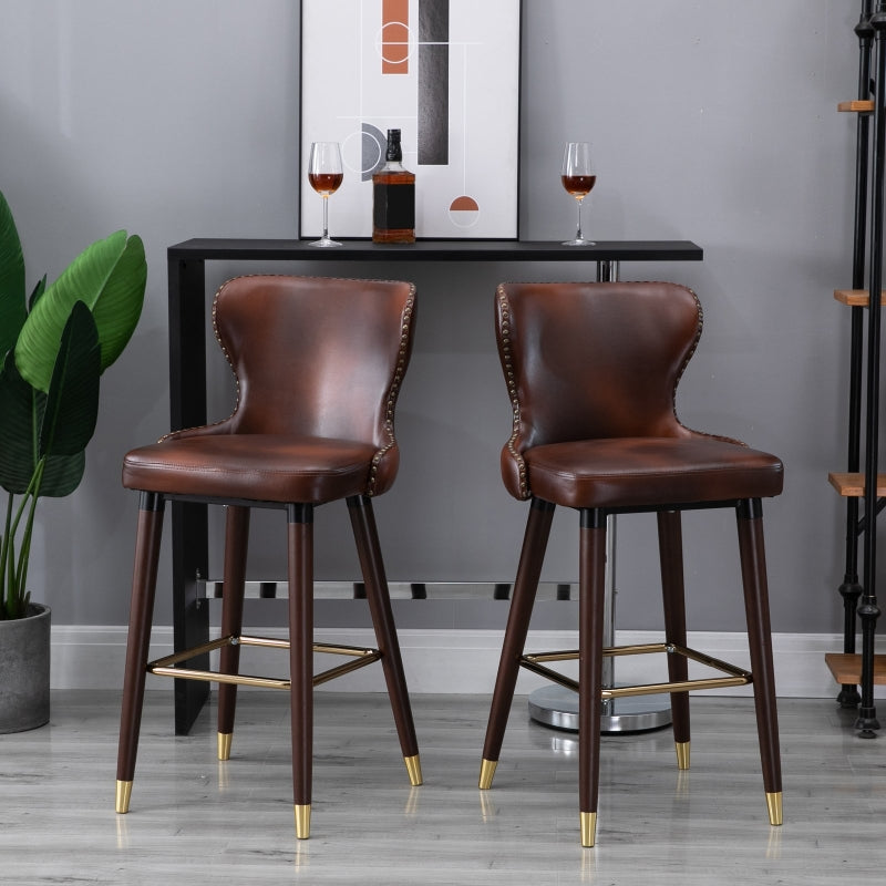 Brown PU Leather Bar Stools Set of 2, Retro Kitchen Chairs with Wingbacks and Footrest