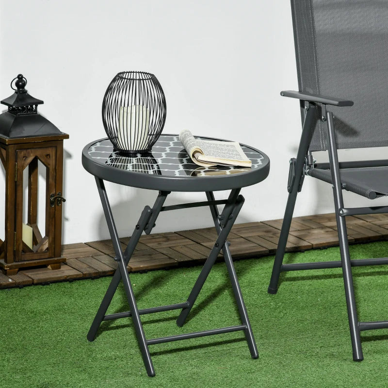 Round Outdoor Folding Patio Table with Imitation Marble Glass Top, Black & White