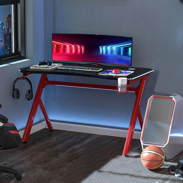 Red Gaming Desk with LED Light and Accessories