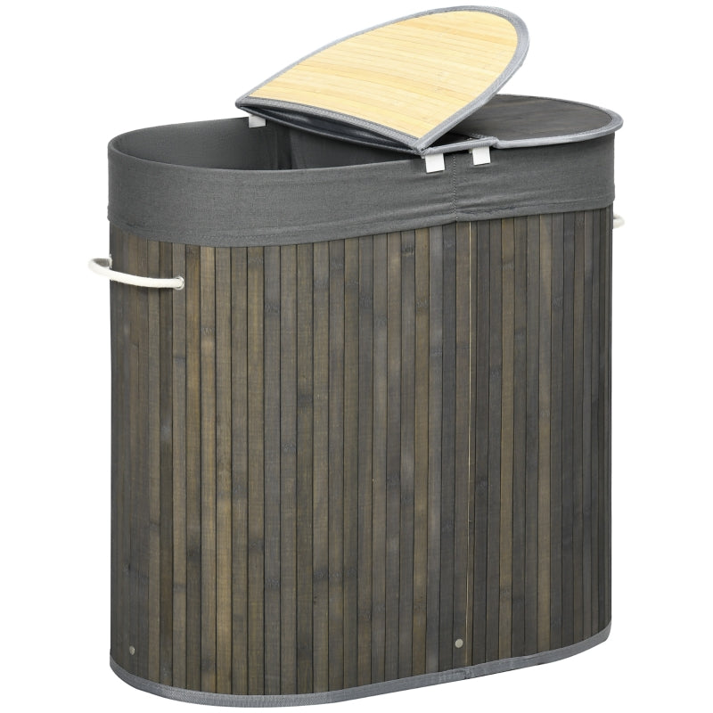 Grey Bamboo Laundry Basket with Lid, 100L, 2 Sections, Washable Lining, 62.5 x 37 x 60.5cm