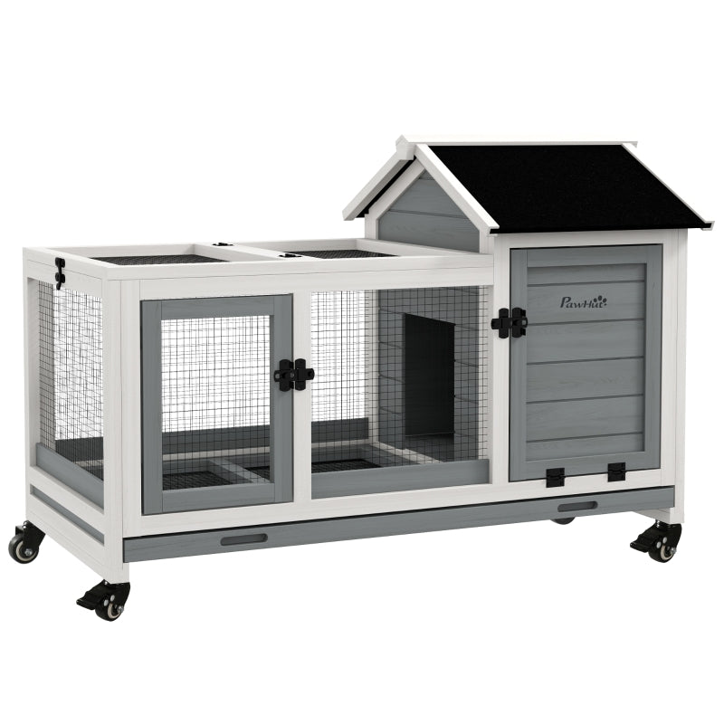 Grey Wooden Rabbit Hutch with Removable Tray and Wheels