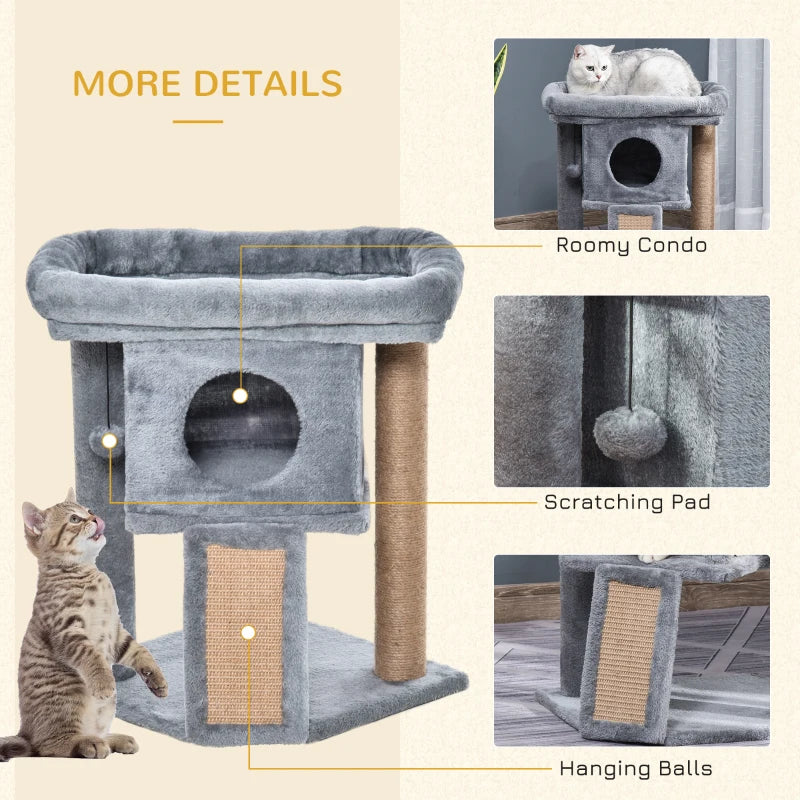 Grey Cat Tree Tower with Scratching Post and Toy Ball