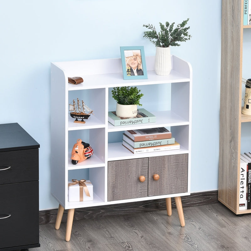 White Modern Multi-Shelf Bookcase with Cabinet - 6 Shelves, Wood Legs