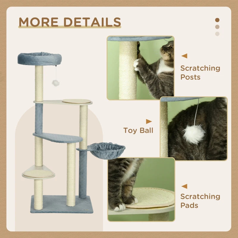 Cat Tree Tower with Scratching Posts, Mats, Hammock, Bed, Toy Ball - Grey