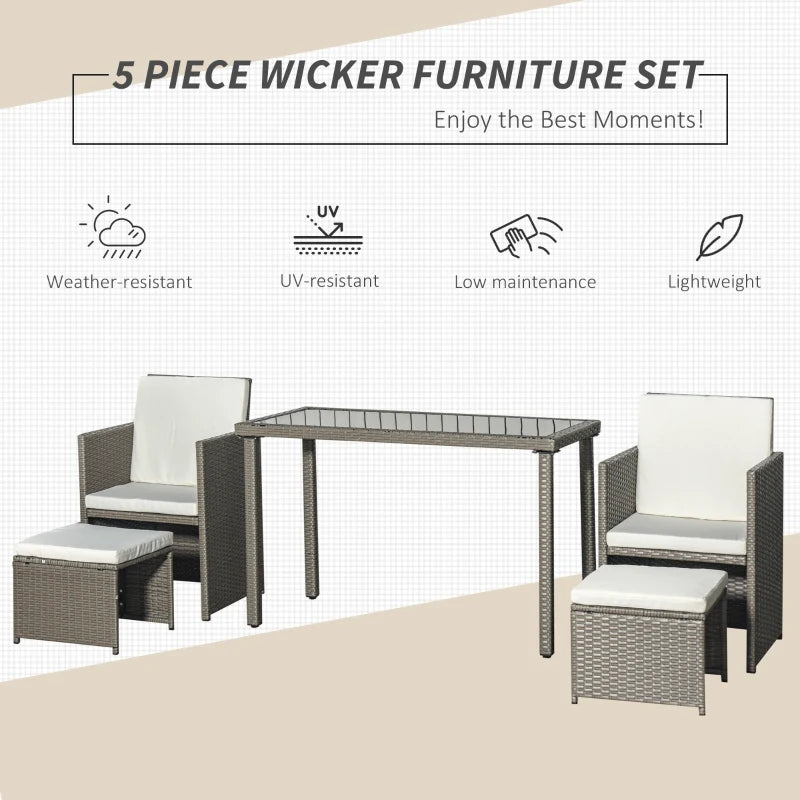 5-Piece Grey Rattan Dining Set with Cushioned Armchairs and Glass Table