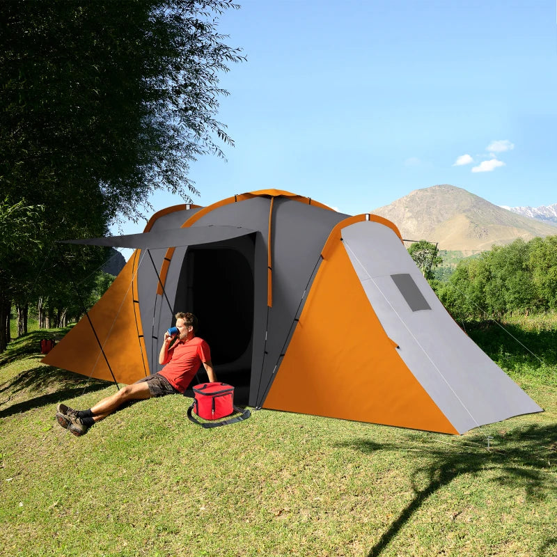 Orange 2-Bedroom Camping Tunnel Tent, 2000mm Waterproof, Portable for 4-6 People