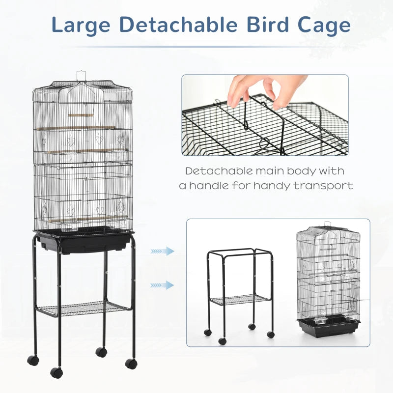 Black Bird Cage with Stand and Accessories, 46.5 x 36 x 157 cm