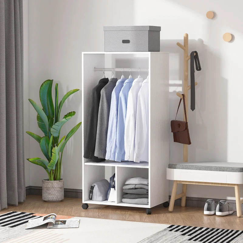 White Mobile Clothes Rack with Shelves and Rail