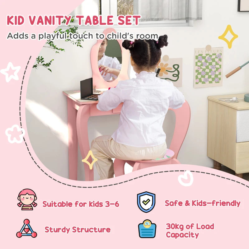 Kids Pink Dressing Table Set with Mirror, Stool, Drawer - Cute Animal Design