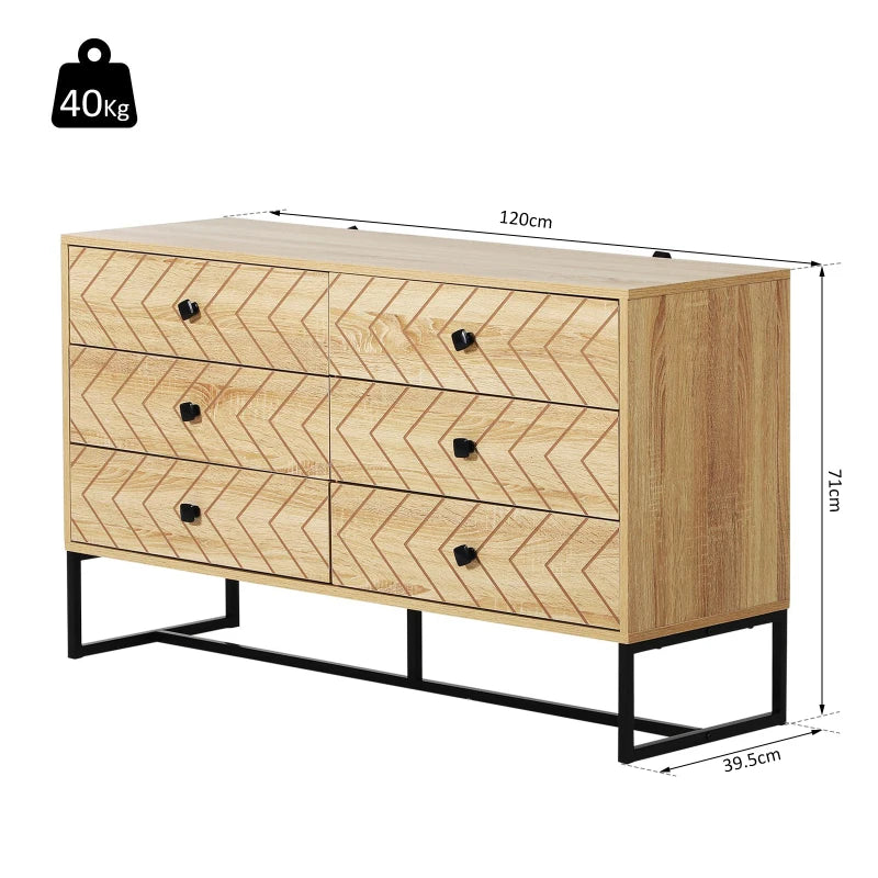 Natural 6-Drawer Zigzag Design Chest of Drawers with Metal Base, 120x71cm