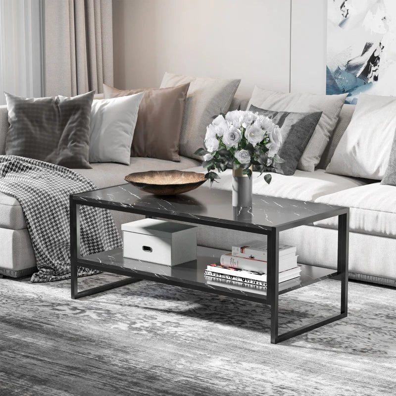 Marble Print Two-Tier Coffee Table - Modern Style, Metal Frame, 2 Shelves (White)