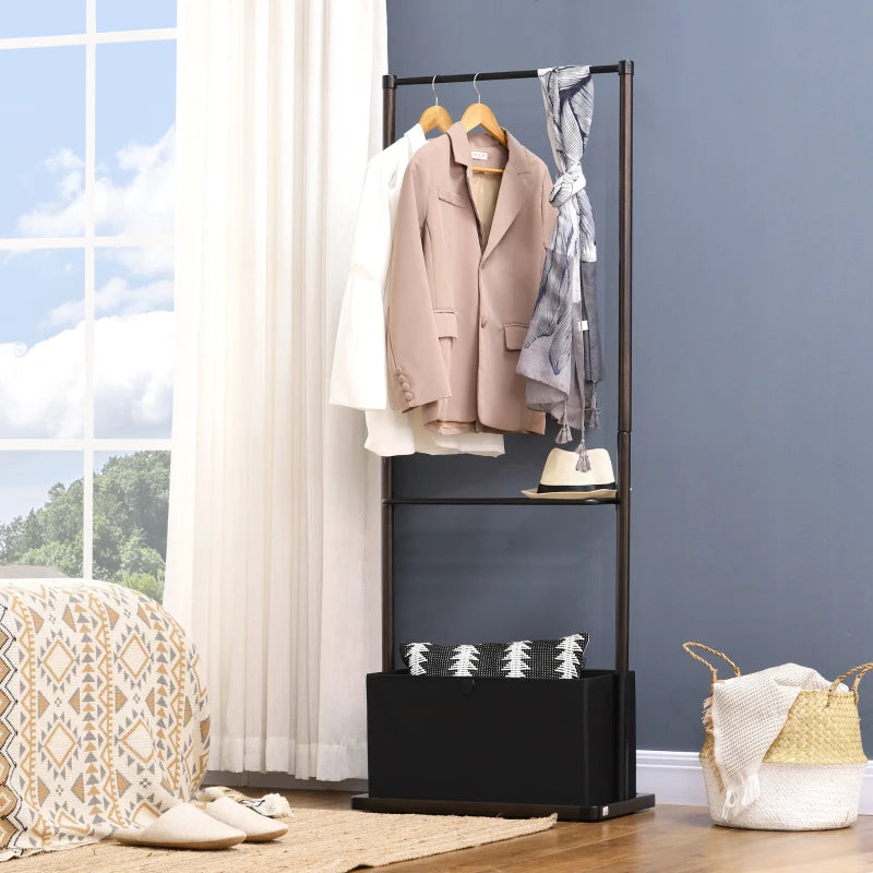 Dark Walnut Bamboo Coat Stand with Shelves and Fabric Storage Box