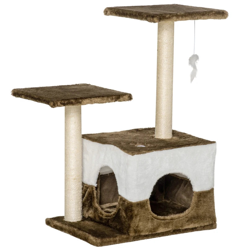 Brown Cat Tree Tower with Scratching Posts and Interactive Toy, 45 x 33 x 70 cm