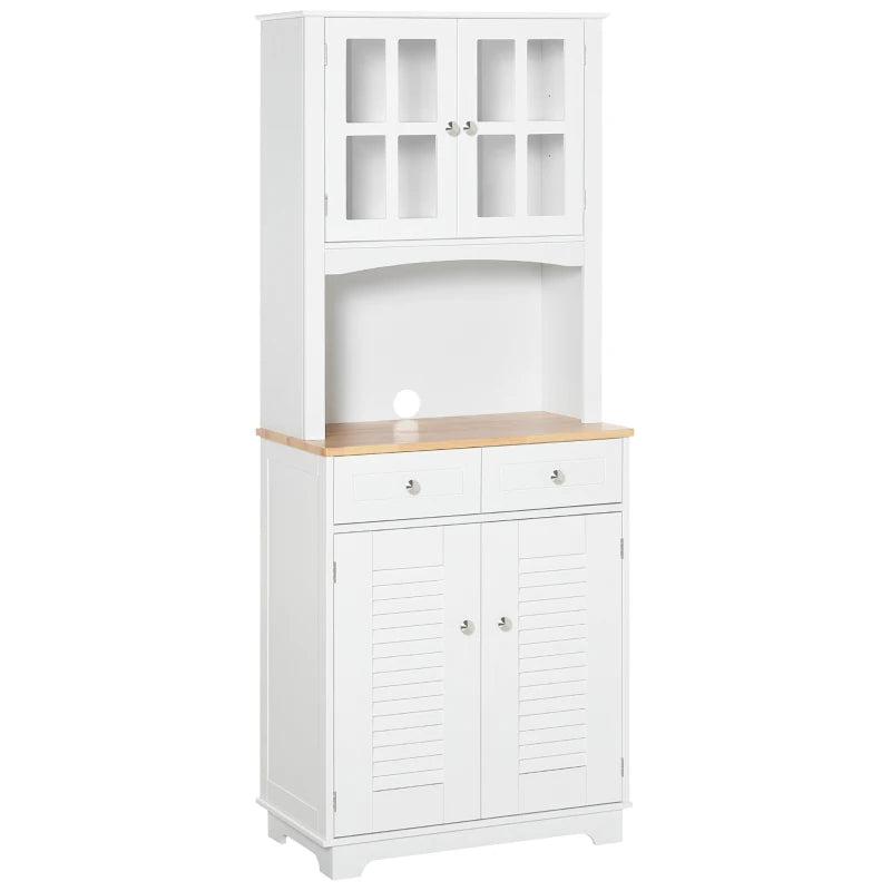 White Louvered Kitchen Storage Cabinet with Glass Doors & Drawers