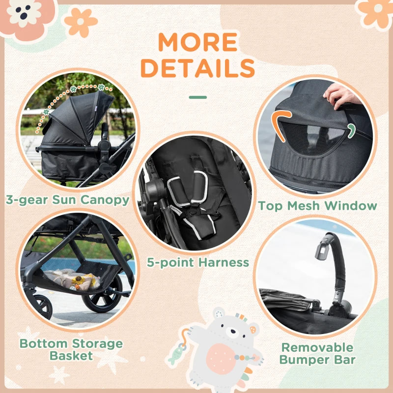 Black Foldable Baby Stroller with Reclining Backrest and Adjustable Canopy