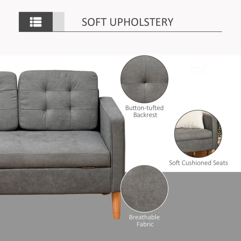 Grey Tufted 3 Seater Sofa with Hidden Storage and Wood Legs