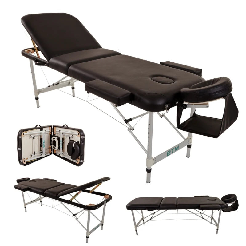 Black Portable 3-Section Aluminium Massage Table with Adjustable Headrest and Arm Support