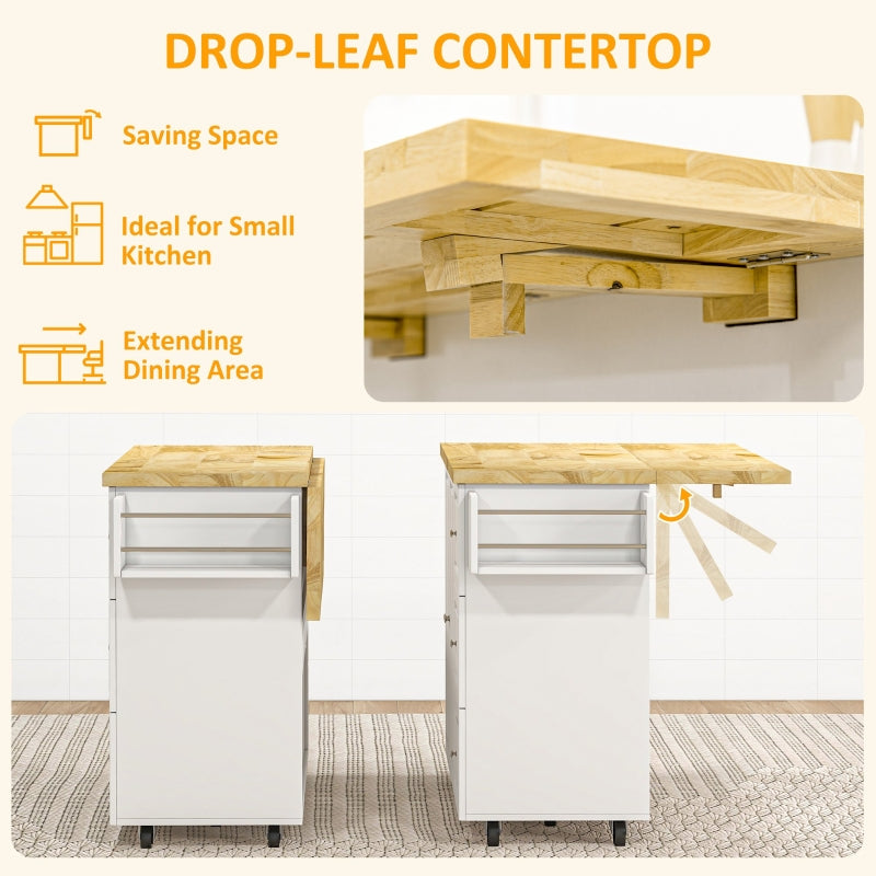 White Drop-Leaf Kitchen Island Cart with Drawers & Cabinet