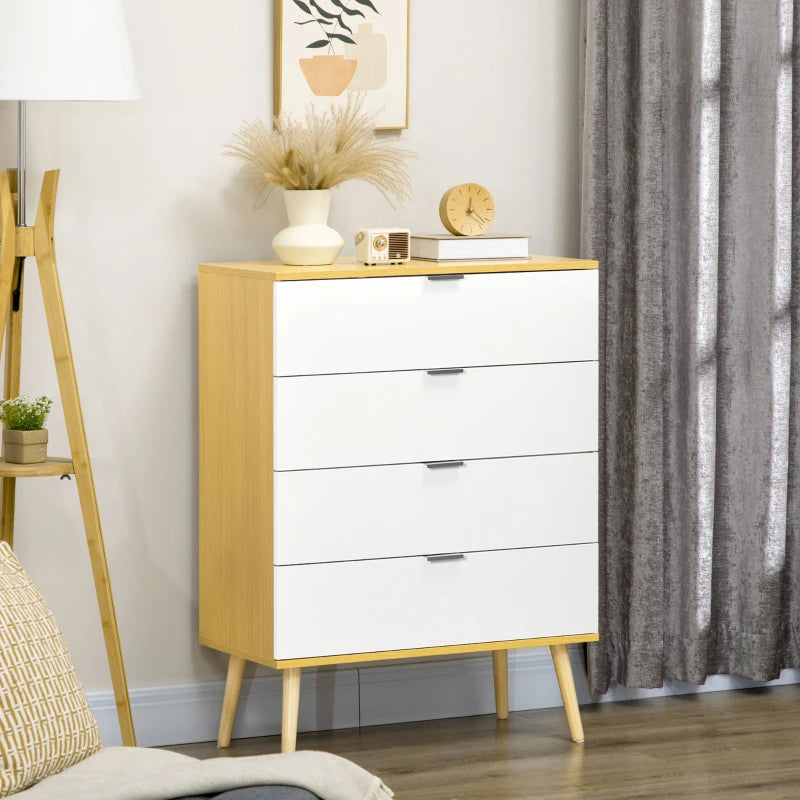 White and Natural 4-Drawer Storage Chest with Pine Wood Legs