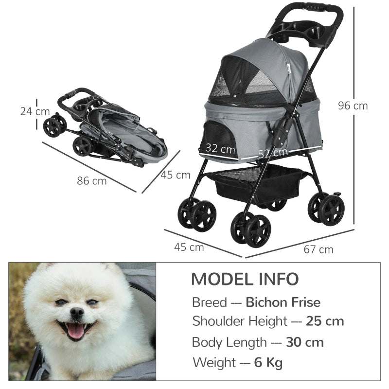 Grey Pet Stroller with Canopy and Storage Basket