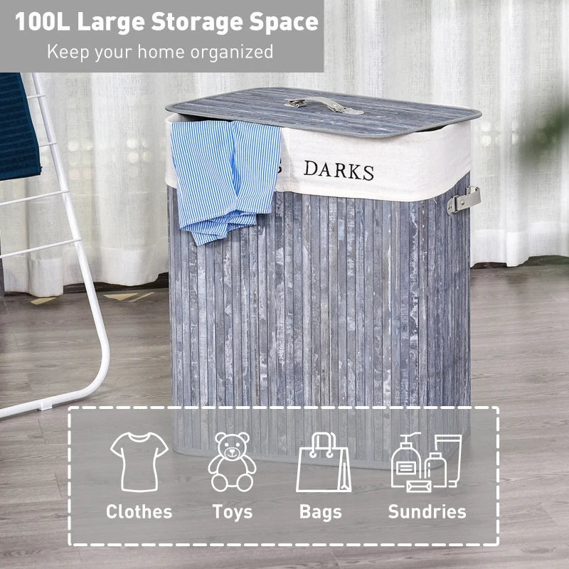 Grey Wood Laundry Hamper with Lid - 100L Capacity