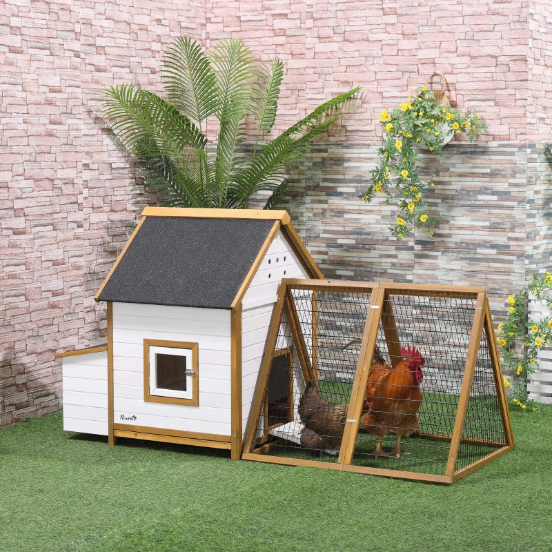 Wooden Chicken Coop with Outdoor Run, Nesting Box, Window, Lockable Door - 197 x 93 x 110cm (Brown)