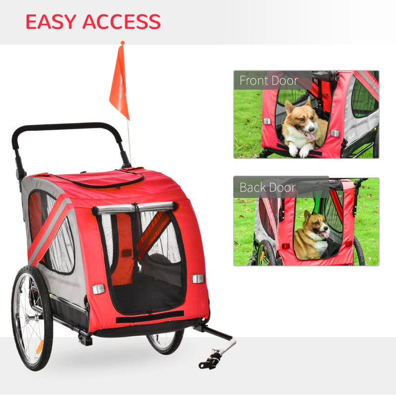 Red 2-In-1 Dog Bike Trailer Pet Stroller with Reflective Flag