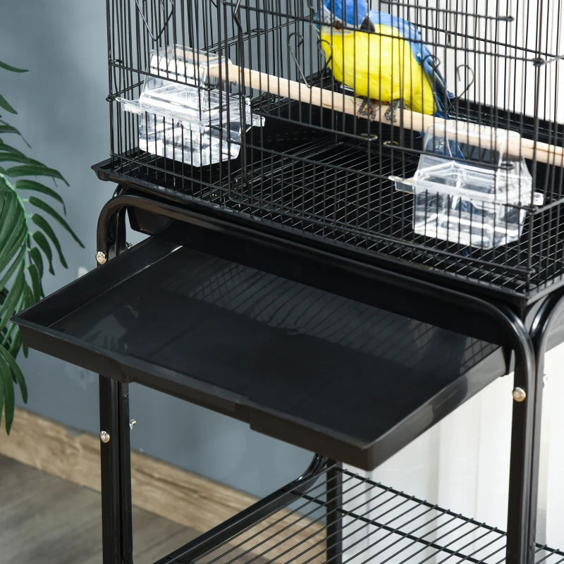 Black Bird Cage with Stand and Accessories, 46.5 x 36 x 157 cm