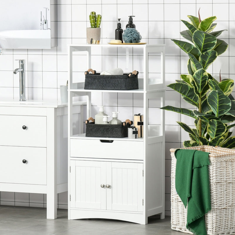 White Bathroom Floor Cabinet with Shelves, Drawer, and Doors