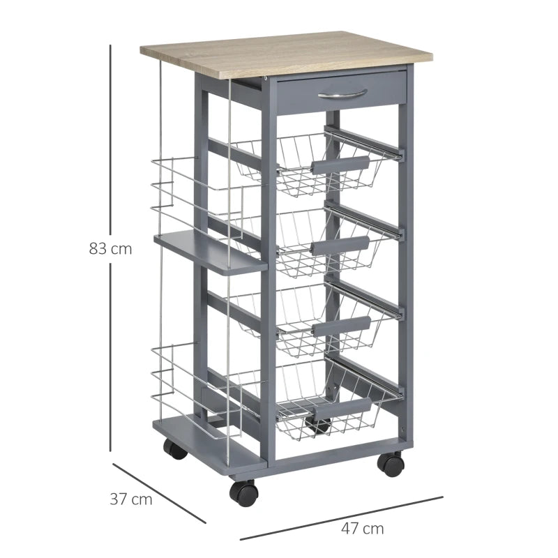 Grey Rolling Kitchen Cart with 4 Basket Drawers & Side Racks