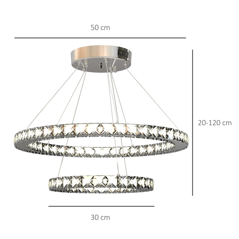 Silver LED Crystal Ring Chandelier - Dimmable Pendant Light with Remote Control