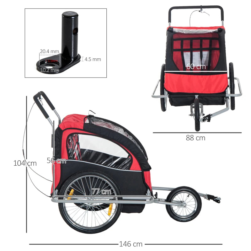 Red 2-Seater Collapsible Bike Trailer & Child Stroller with Pivot Wheel