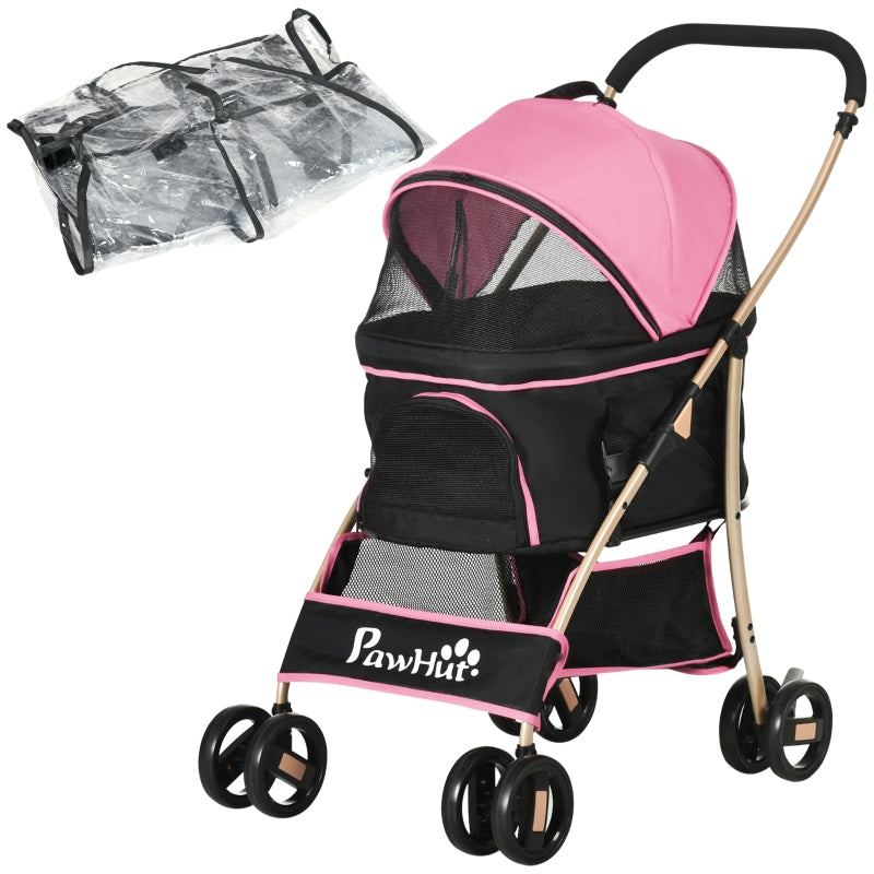 Pink Pet Stroller with Rain Cover - 3-in-1 Cat Dog Pushchair