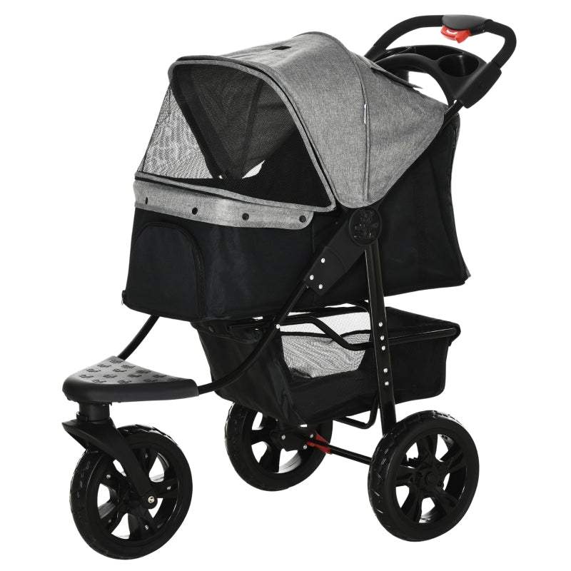 Grey Pet Stroller with Canopy & Storage for Small Pets