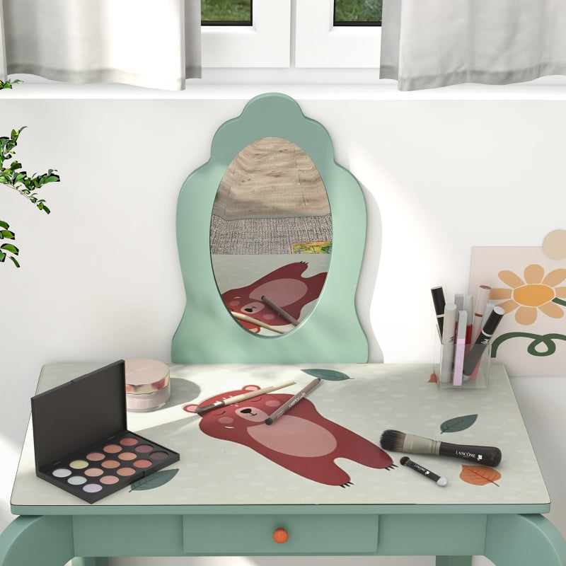 Green Kids Dressing Table Set with Mirror, Stool, Drawer - Cute Animal Design