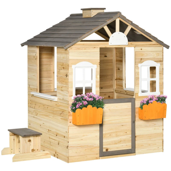Wooden Kids Playhouse Outdoor Garden Cottage with Bench and Flowerpot Holder, Blue
