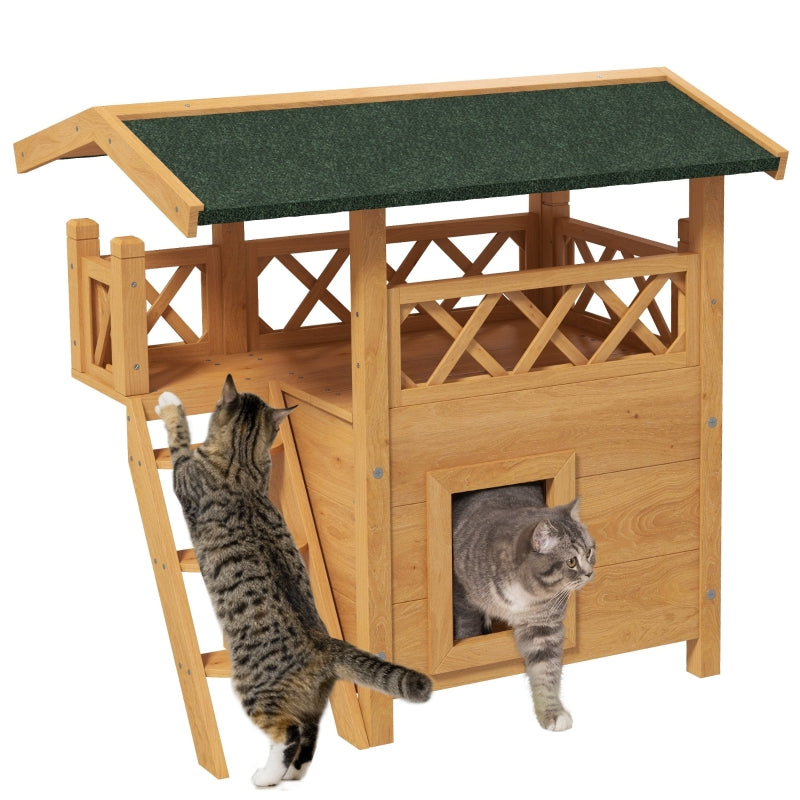 Outdoor Cat House with Balcony and Stairs, Natural Wood Finish, 77 x 50 x 73 cm