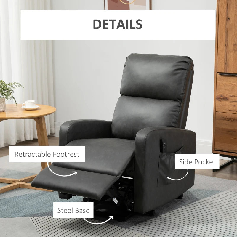 Charcoal Grey Elderly Recliner Chair with Remote Control and Side Pockets