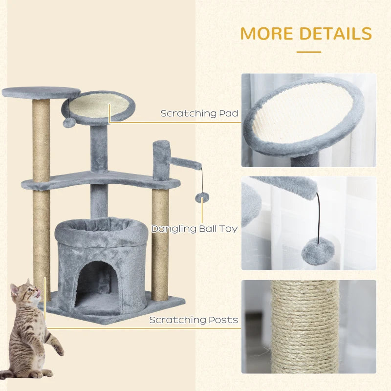 Grey Cat Tree Tower with Scratching Posts and Plush Perches